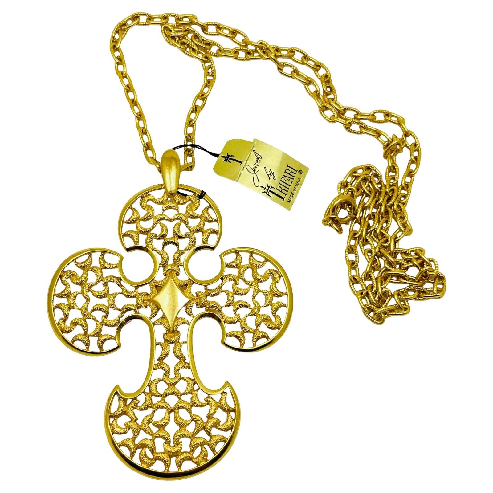 Trifari Crown Signed Vintage Gold Tone Cross Designer Necklace With Tags